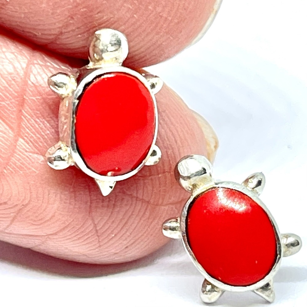 Navajo Stud Earrings Turtle Red Coral Signed MY Sterling Silver 925 Post 12mm
